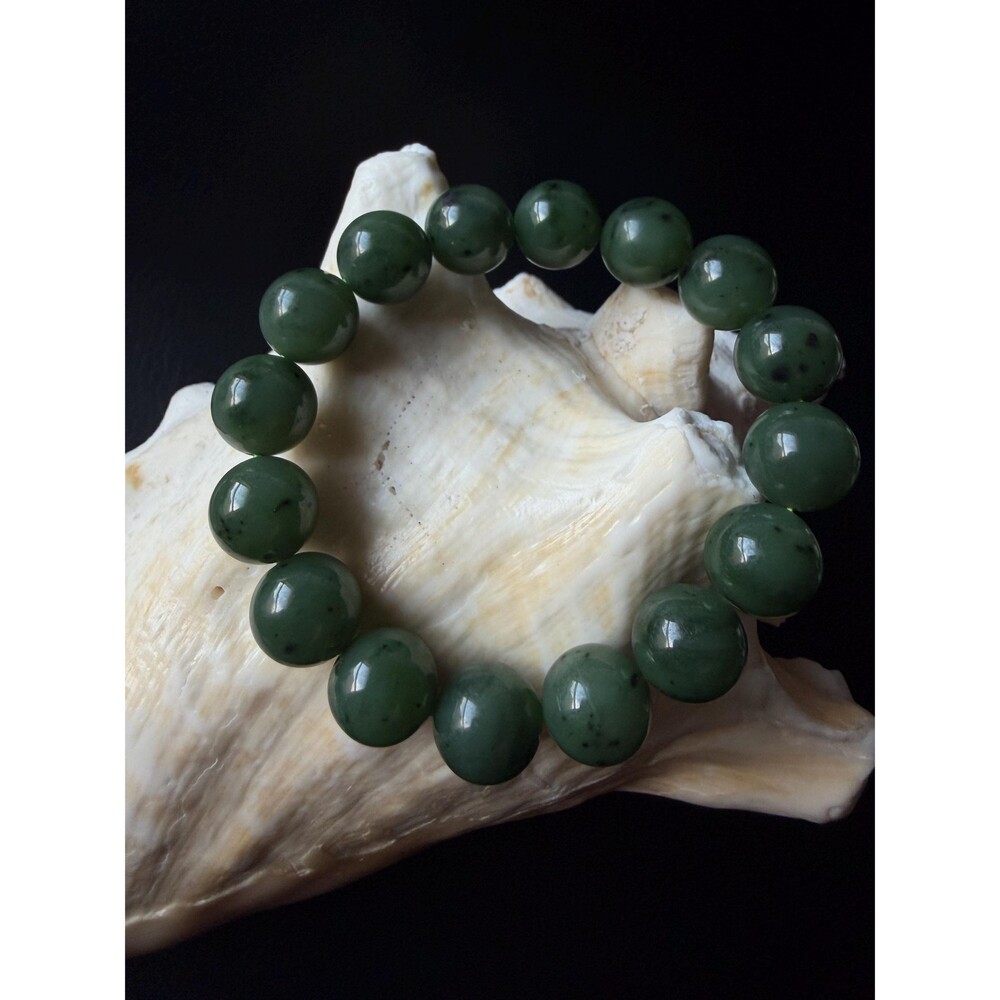 Natural Green Nephrite Jade Bracelet, 12mm Beads, natural Black Speckled Jade,